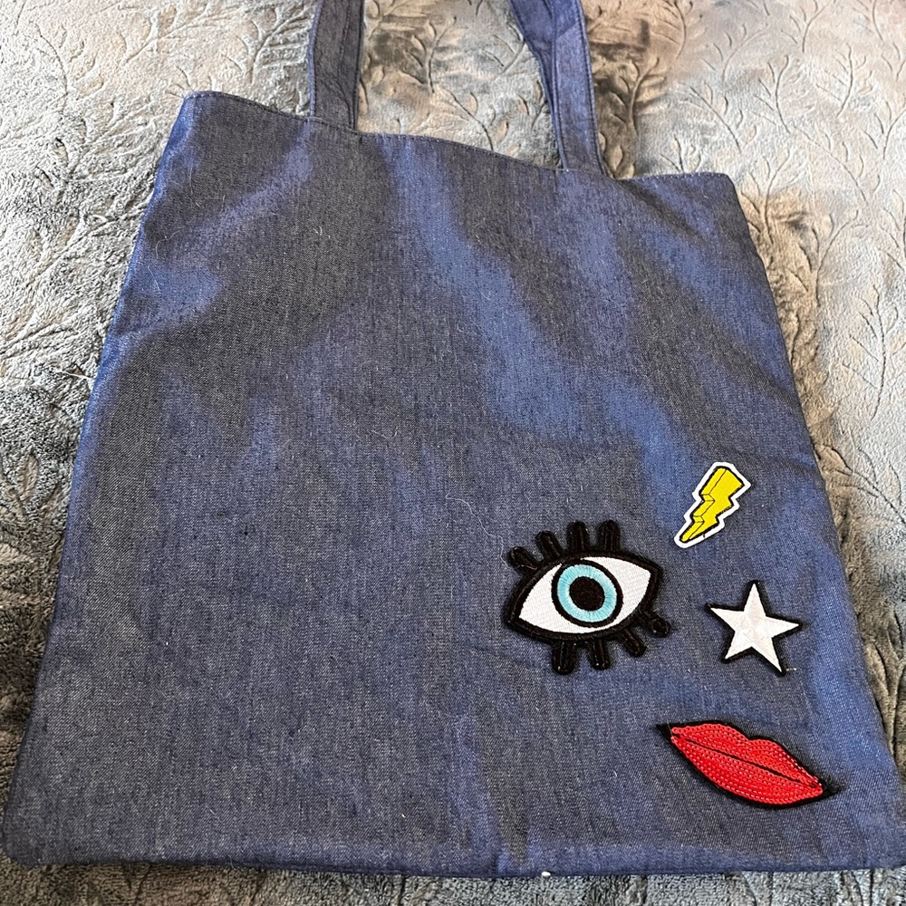 Clarins Denim Tote Bag w/ Eye & Lip Decorations 14x15 With Handles. Great Bag